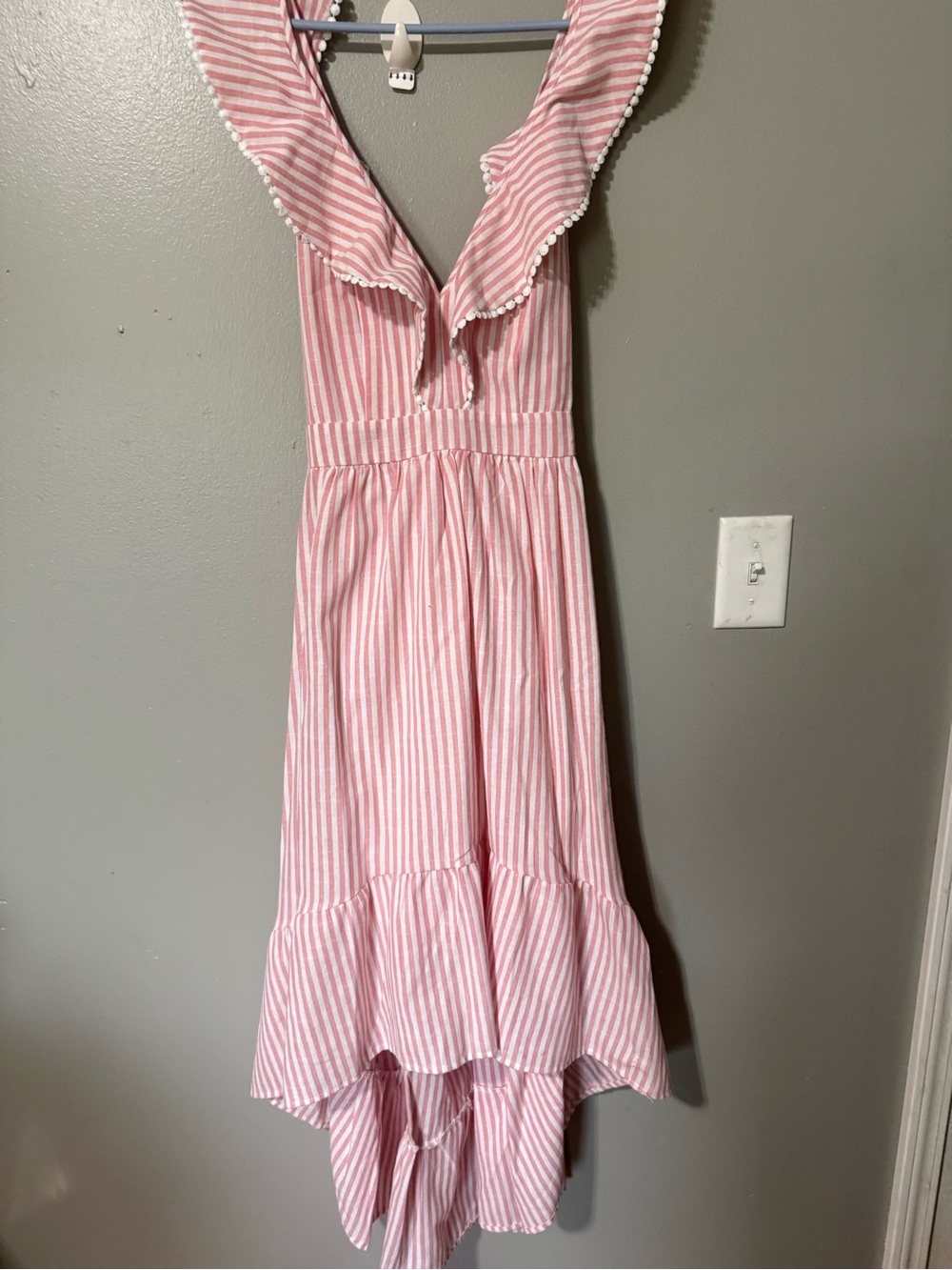 Molly Bracken Pink and White Striped Ruffle V-Neck Maxi Dress